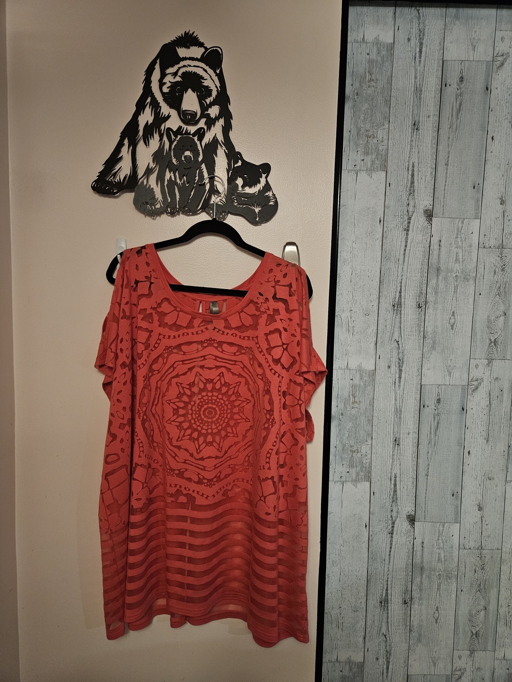 Women's Coral Red Cold-Shoulder Tunic with Mandala Cutout